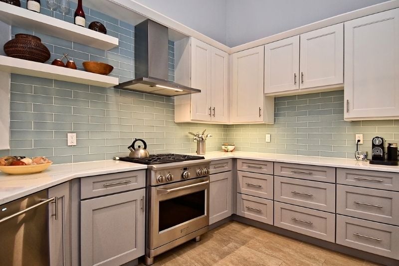 blue green glass kitchen backsplash