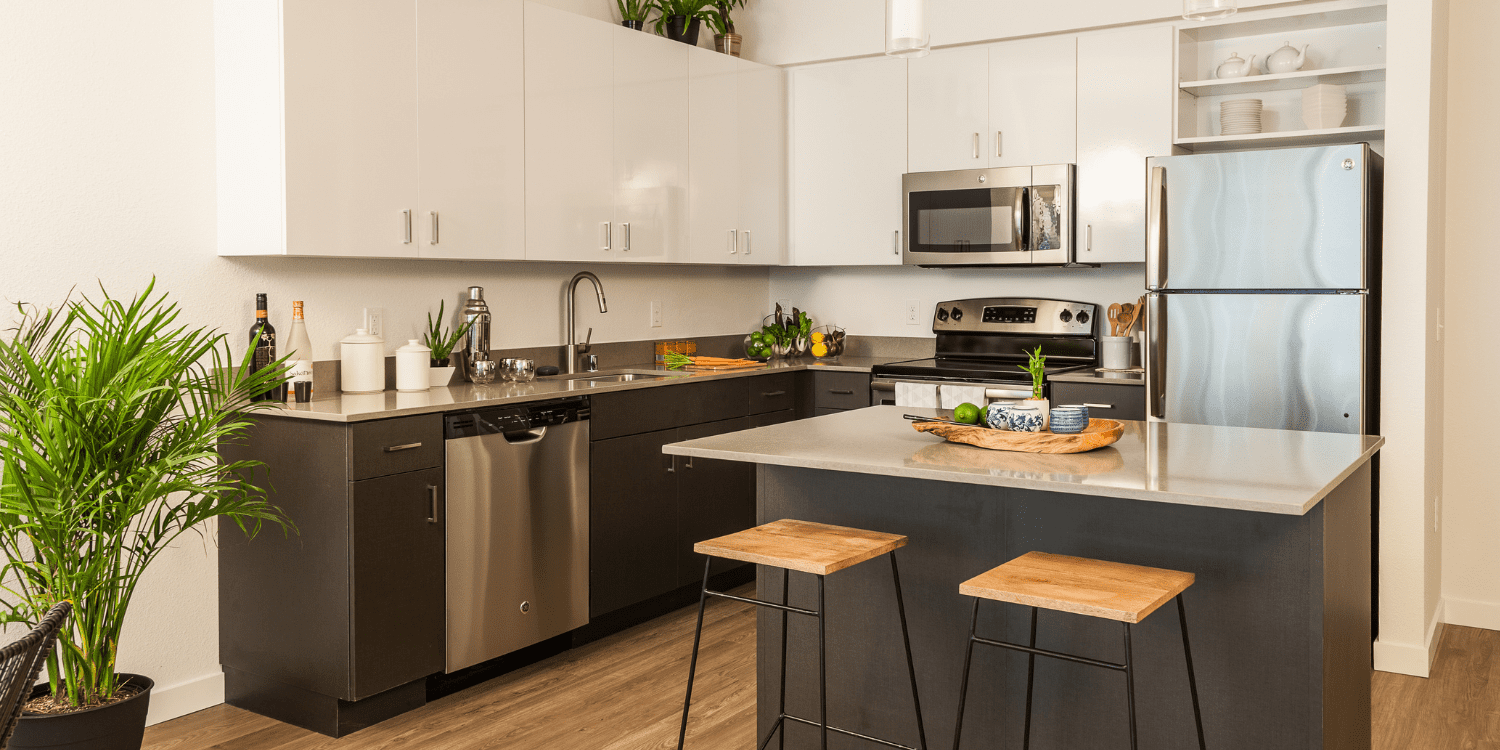 Stock Image of Dark Lower Cabinets and Light Uppers in Kitchen