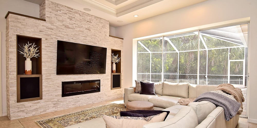 Gorgeous Stacked Stone Fireplace in Sarasota Remodel