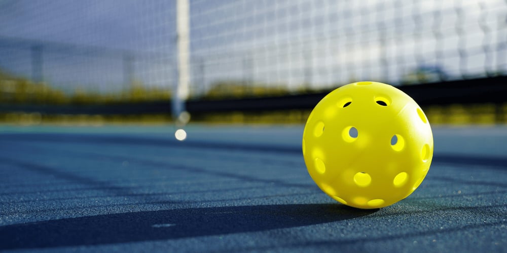 Stock Image of Pickleball on Court with Net in the Background