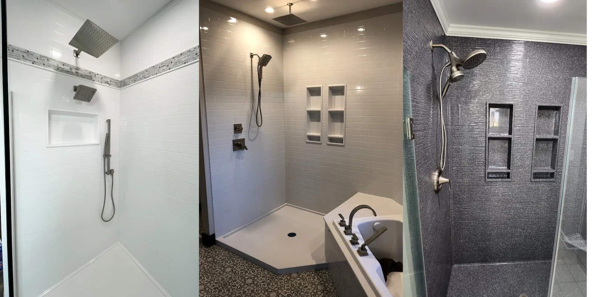 Examples of solid surface shower options for bathroom refresh in Sarasota