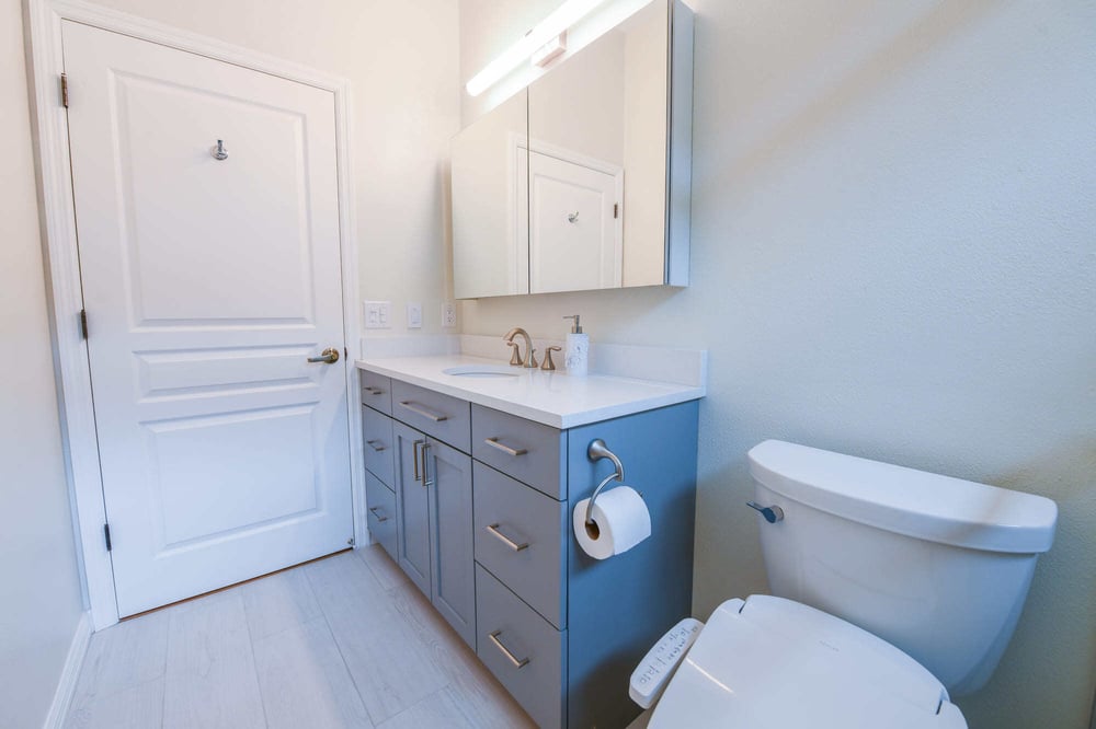 Guest Bathroom Remodel with Blue Vanity