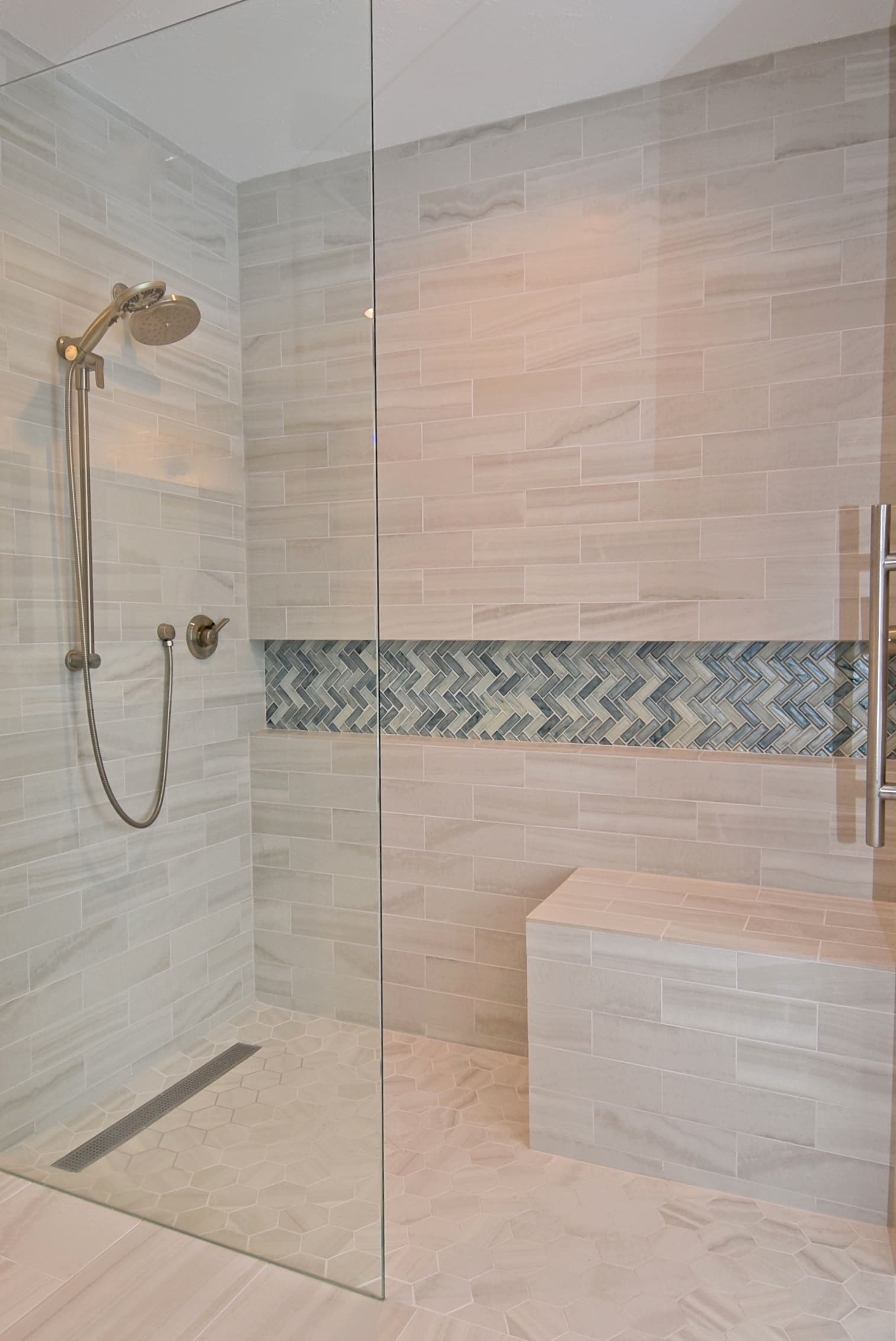 Level Entry French Drain Custom Glass Wall in Roll In Shower Renovation in Bradenton