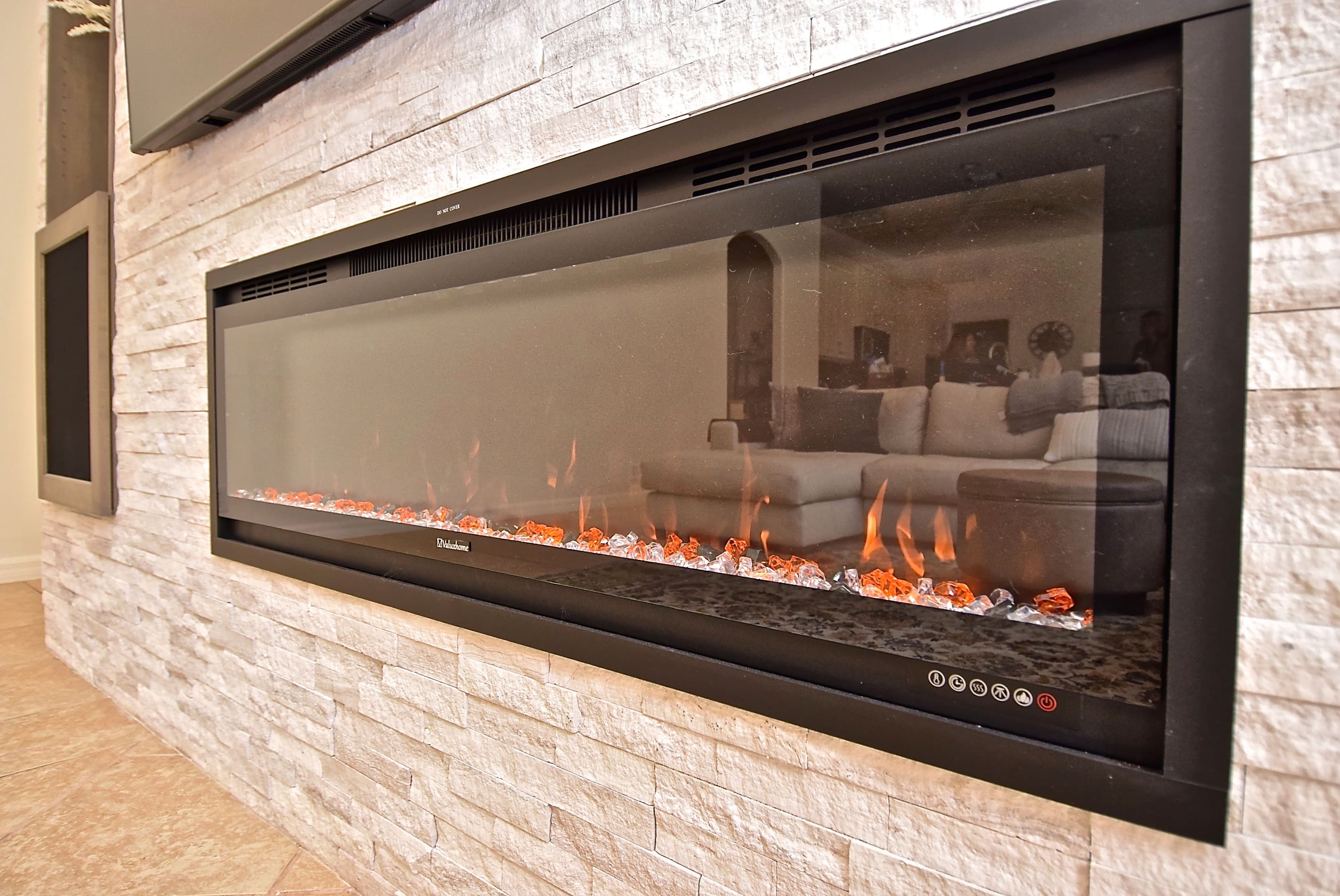 Linear Gas Fireplace in Modern Brick Feature Wall Remodel Interior Design Sarasota