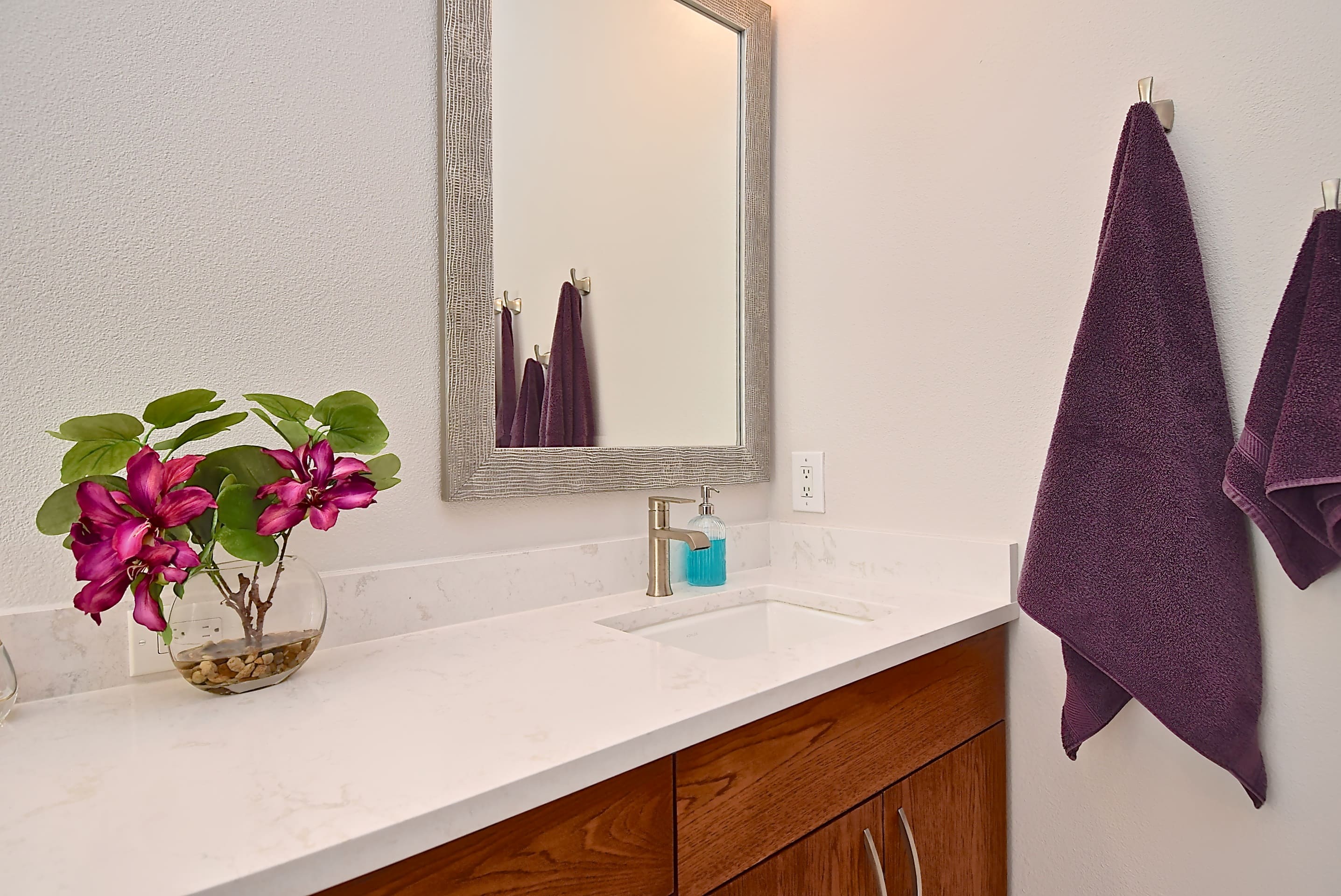 Double Mirror in Sarasota Bathroom Remodel with Towel Hooks and Warm Wood Vanity Franz