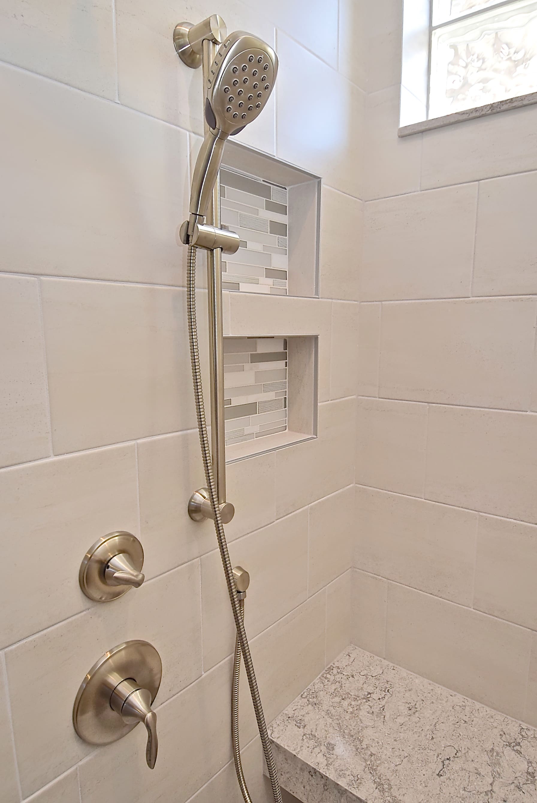 Tiled Shower with Double Custom Niches and Shower Bench in Accessible Bathroom Remodel Sarasota