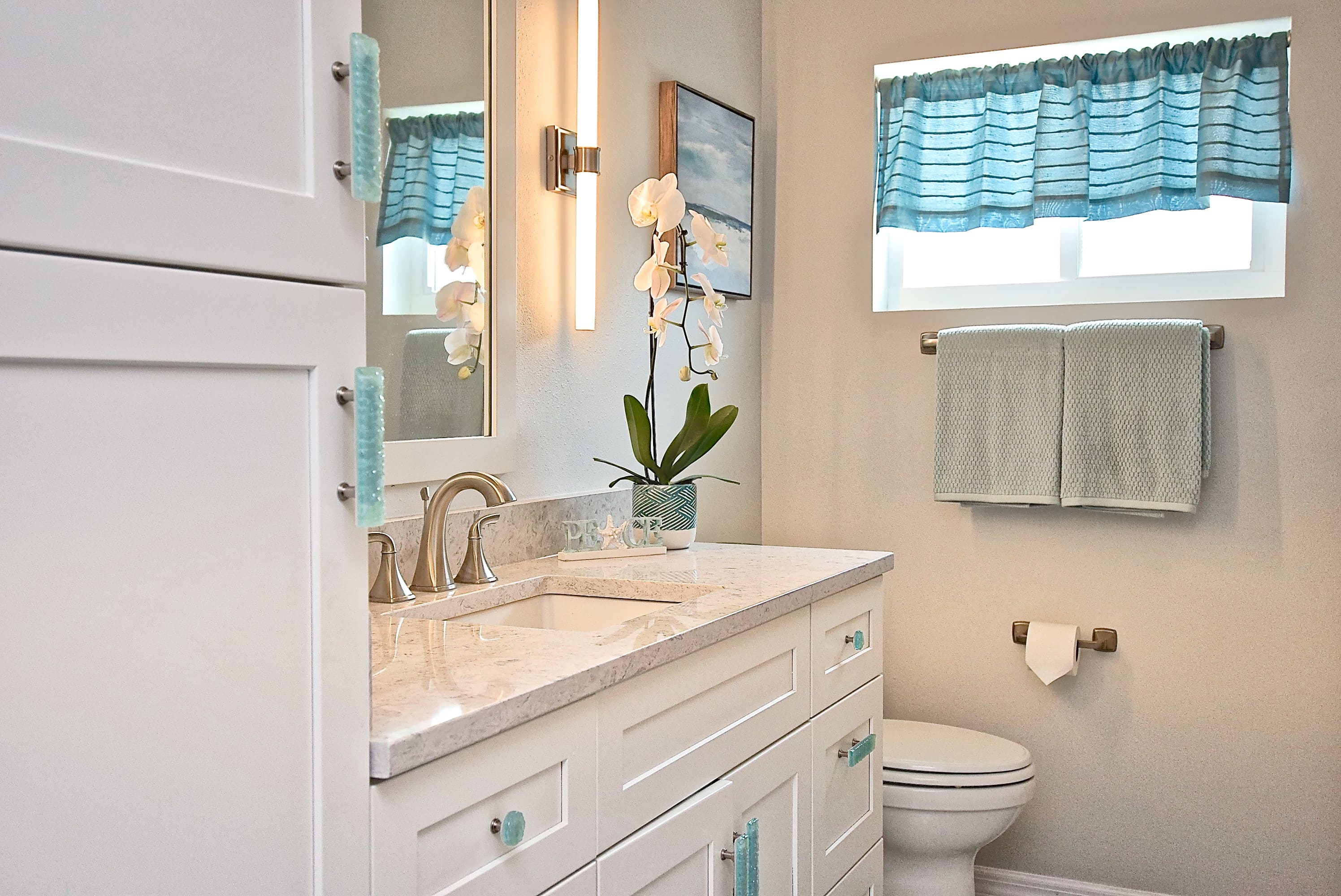 Storage in Sarasota Bathroom Renovation with Blue Accents