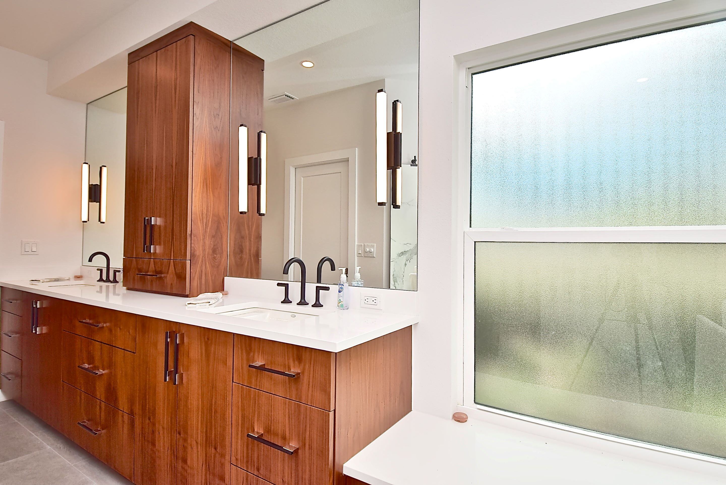 Custom Mid Century Style Bathroom Double Vanity in Natural Wood in Bradenton Home Remodel