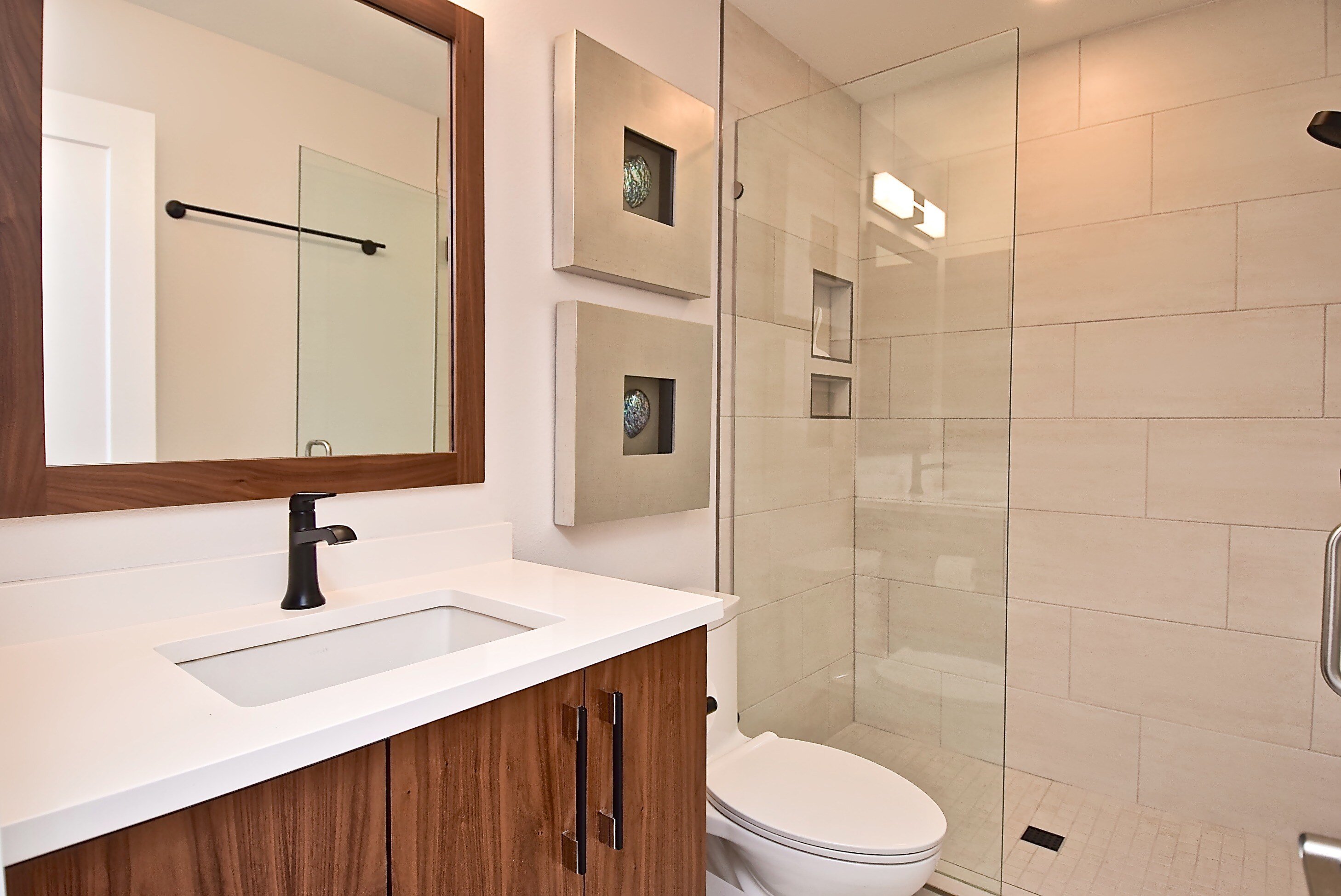 Walk in Shower in Mid Century Bathroom Remodel with Tiled Shower in Bradenton